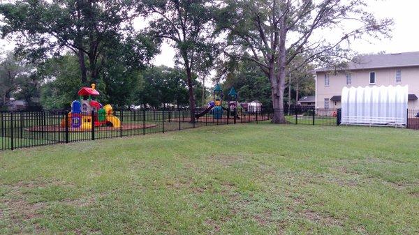 Our Playground. Lots to do: Pirate Ship, Tot Zone, Two Top, Funnel Ball, Race Track, Garden, and a Ball Field!