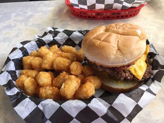 Bacon cheeseburger and tator tots.