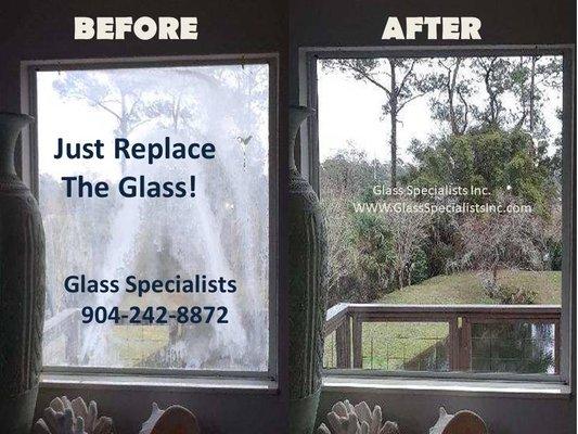 Don't replace the whole window!  Just replace the glass--Fogged Double pane Insulated glass. Before & After