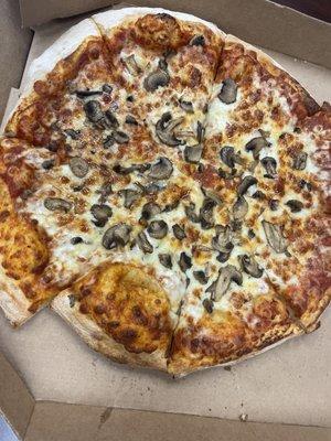 The large mushroom pizza with extra mushrooms.