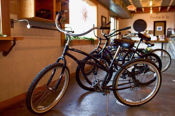 Bikes in the lobby of Adrift Hotel are available for guests to use!