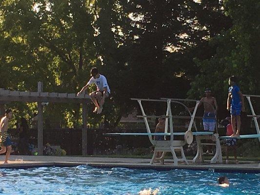 The diving boards are popular and fun, with the water more than 10 feet deep.