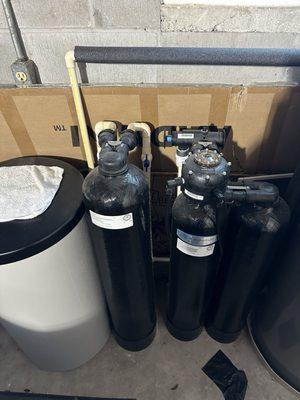 Brine tank, dechorinator tank (1 tank) and the water softener tanks (2 tanks).