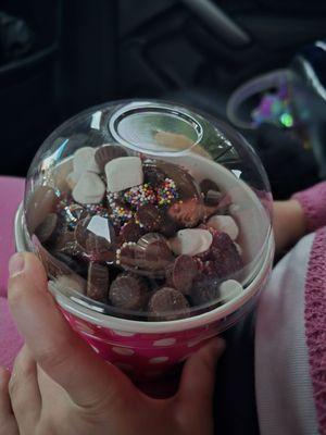 Chocolate froyo topped with mini peanut butter cups, marshmallows, and sprinkled chocolate chips