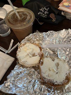 Iced Latte and bagel with cream cheese