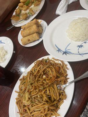 House Lo Mein, Egg Rolls, Coconut Shrimp, White Rice.