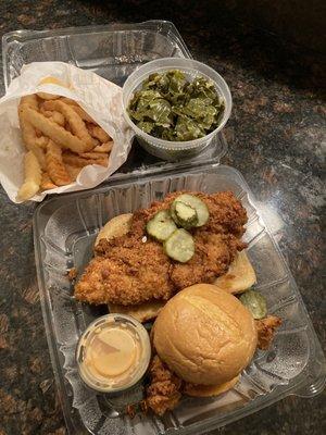 Chicken Combo - 1 Tender 1 Slider with Braised Collard Greens and Crinkle Cut Fries   Greens needed hot sauce but chicken was pretty tasty