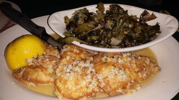 Chicken Francaise...soo good.  Side of Italian Fried Greens...not so good.