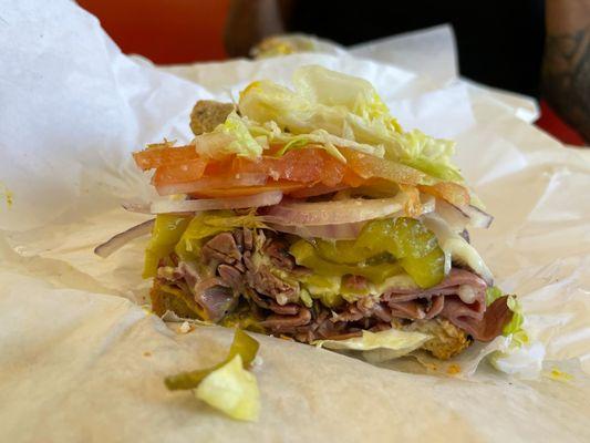 Cross section of the pastrami on rye.