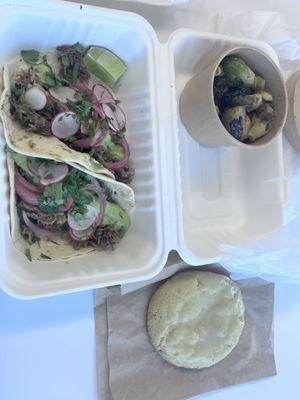 Braised chuck roast and pork shoulder tacos.  Brussels sprouts   Lemon Cookie