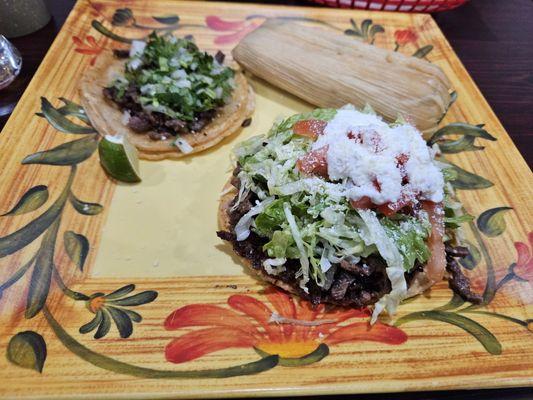 Combo #1 tostada, taco and tamale. All delicious