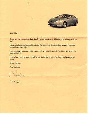 Letter we received from a happy customer.