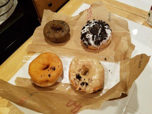 Blueberry Cake, Cookies & Cream donut, glazed, & maple glazed