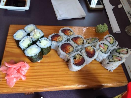 Cucumber, California, and crunchy spicy while tuna roll, outstanding