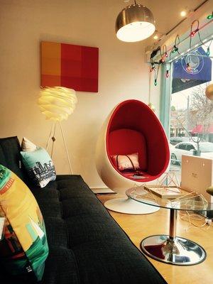 Sofa bed, Egg chair, lighting & wall art