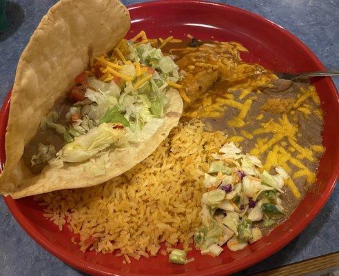 Chalupa, cheese enchilada, refried beans and rice