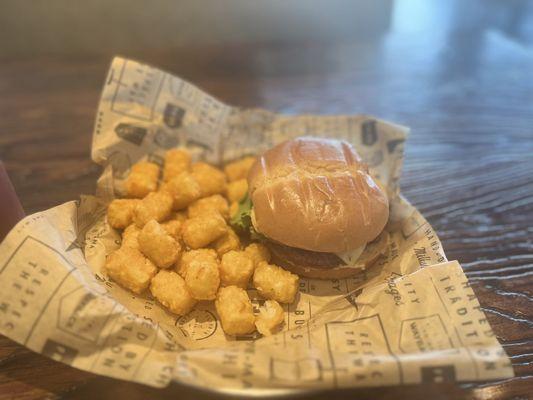 Single burger with tots