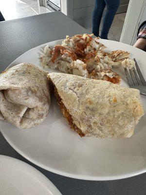 Breakfast burrito with chorizo.