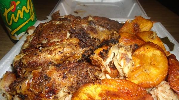 Large Jerk Chicken, Rice & Peas, Cabbage, Plantains, and Ting, from Kaylah's Hut 8/16