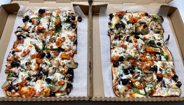 Veggie Pizzas (black olives, mushrooms, spinach and cherry tomatoes)