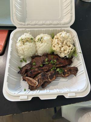 Kalbi ribs. 20 bucks for 3 ribs is theft. Rice was good and Mac salad was bomb