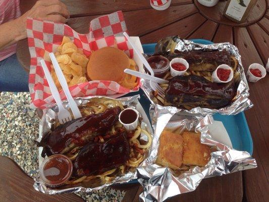 2 rib and fries dinner. Fried bologna sandwich with chips and delicious corn bread