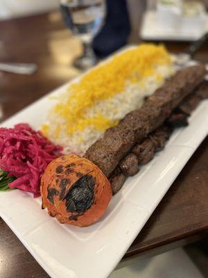 Sultani Kebob (Koobideh on top, Barg at the bottom)