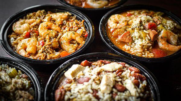 Shrimp jambalaya, seafood gumbo, red beans and rice with chicken