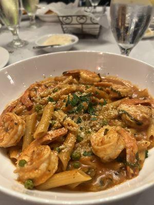 Penne with pink asparagus & peas with grilled shrimp