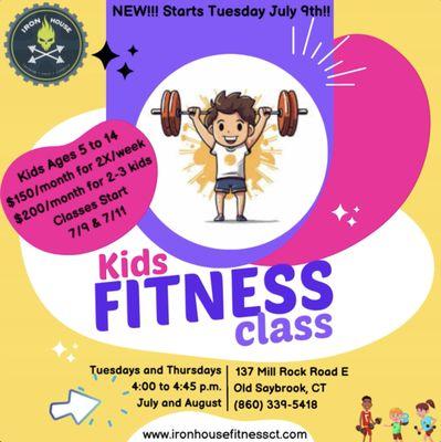 NEW!!! Kids Fitness Classes meet Tuesdays and Thursdays at 4:00 for July and August. Ages 5 to 14.