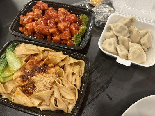 Wide noodles, General Gao's Chicken, pork and leek dumplings