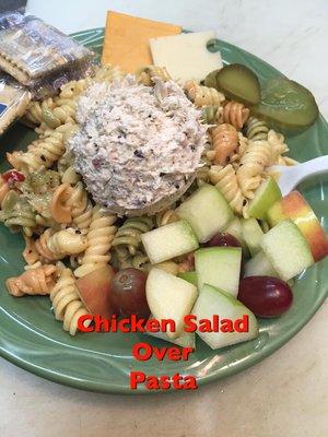 Chicken Salad Over Pasta comes with fresh fruit