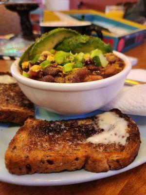 My go-to cozy bowl of delicious chili and toast!