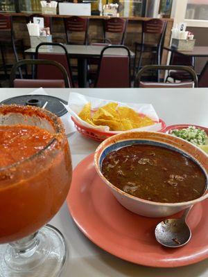 consommé with tortillas on side & michelada