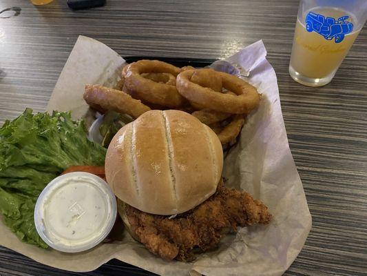 Chicken Sandwich and Onion Rings