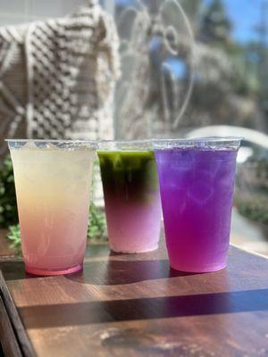 These are Lemonades with pea-flower, hibiscus, and matcha.