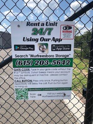 We have 24/7 rentals from your smart device - check us out on our app 'Murfreesboro Storage'