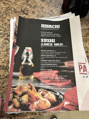 Sushi/hibachi menu