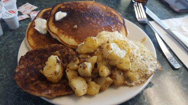 2 eggs, sausage, home fries, & pancakes. $7.50.