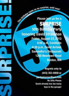 Bold blue surprise party invitation for milestone birthdays.