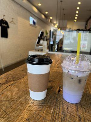 Peanut Butter Chocolate Latte (Hot) and Taro Latte with Taro Latte whipped  (Iced).