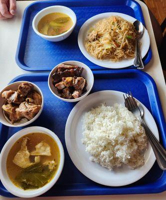 Pancit with complimentary pork sinigang. Lunch combo: rice with chicken adobo and grilled pork belly and complimentary pork sinigang.