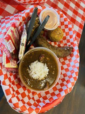 Chicken and Sausage Gumbo, Butt Burner Boudin Link, and Boudin Ball