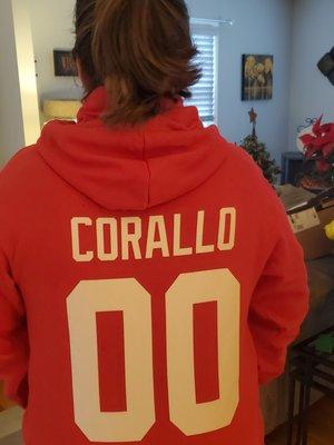 Special to use this for the proposal. Figured it said my name on the back of the NFL hoodie but the surprise was on me when it said Corallo!