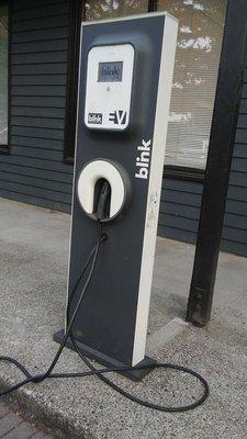 The "new-ish:" Blink electric car charger at Multnomah County Rockwoor Library.  So good to have when a guardian angel is not on hand!