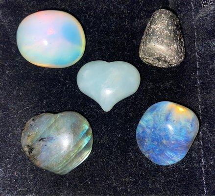 Opalite, Pyrite, Labradorite, and Yellow Obsidian, Amazonite Heart (not purchased at HOI)