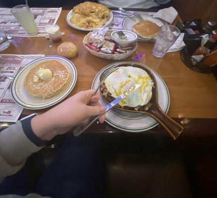 Breakfast skillet and pancakes