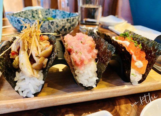 Honshimeiji mushroom, negi toro, and king salmon