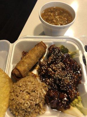 Sesame Chicken lunch, with broccoli  in roasted sesame sauce, fried rice, egg roll, hot & sour soup