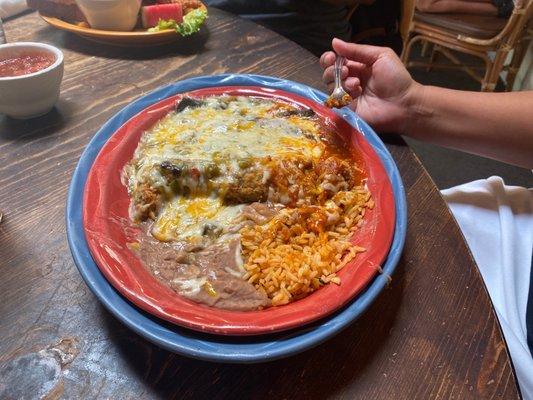 2 blue corn Enchiladas; Chile Relleno with beans and rice